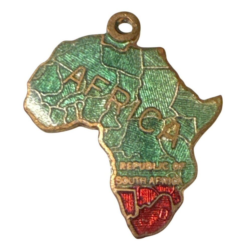 Africa Map Charm Pendant Green & Red Enamel Gold Tone Vintage